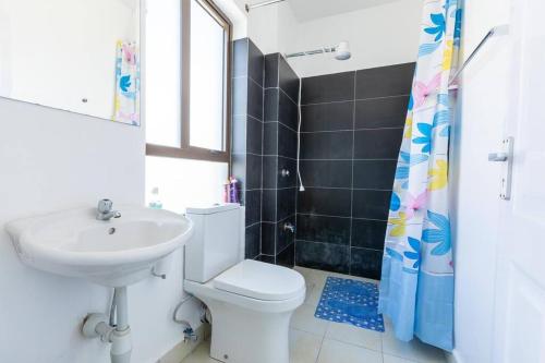 a bathroom with a white toilet and a sink at Cosy Nest cribs Nairobi in Nairobi