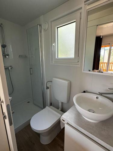 a bathroom with a toilet and a sink and a shower at Mobile Home Drage Tara in Drage