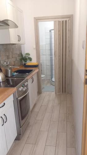 a kitchen with a door leading to a bathroom at Night Host Trzebnicka 56/1 in Wrocław