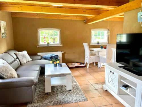 ein Wohnzimmer mit einem Sofa und einem Flachbild-TV in der Unterkunft idyllisch gelegenes Ferienhaus nähe Heiligenhafen in Gremersdorf