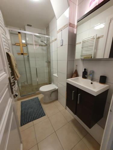 y baño con lavabo, aseo y ducha. en Appartement Parc en Saint-Gervais-les-Bains