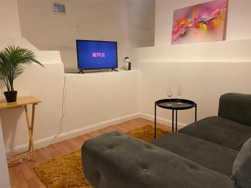 sala de estar con sofá y TV en Double Room Near Central London, en Londres