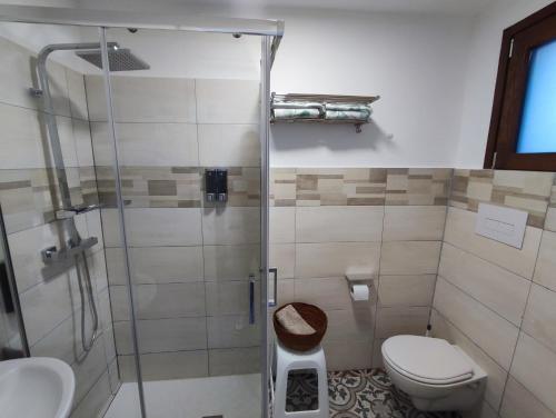 a bathroom with a toilet and a glass shower at All'Arco Casa Vacanza in Acerenza