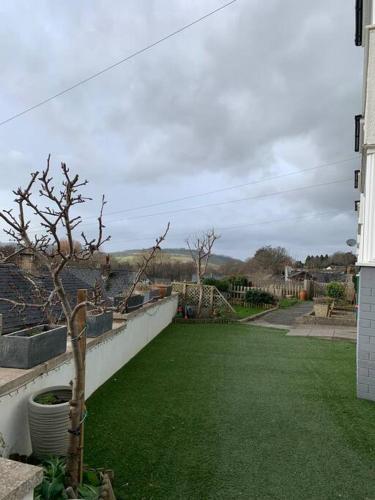 a yard with a green lawn on a house at Mountain views in the heart of Brecon Town in Brecon