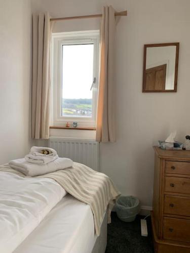 a bedroom with a white bed and a window at Mountain views in the heart of Brecon Town in Brecon