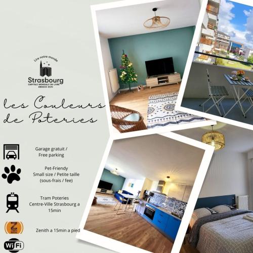 un collage de quatre photos d'une pièce dans l'établissement Les couleurs de Poteries - avec garage gratuit, à Strasbourg