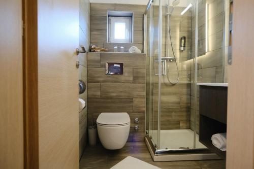 a bathroom with a toilet and a shower at PARKHOTEL - Rosarium in Uetersen