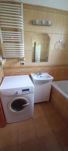 a bathroom with a washing machine and a sink at Słoneczne, komfortowe z osobą kuchnią in Gdańsk