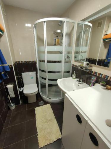 a bathroom with a shower and a toilet and a sink at Apartamento gran terraza entre playas in Gijón