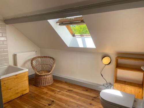 a bathroom with a toilet and a skylight at Maison Montcharmont in Étang-sur-Arroux