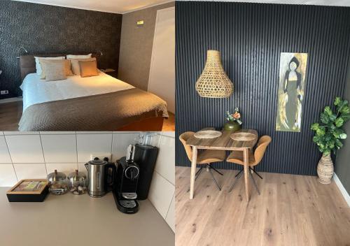 2 fotos de un dormitorio con cama y mesa en RESIDENCE LEEUWARDEN en Leeuwarden