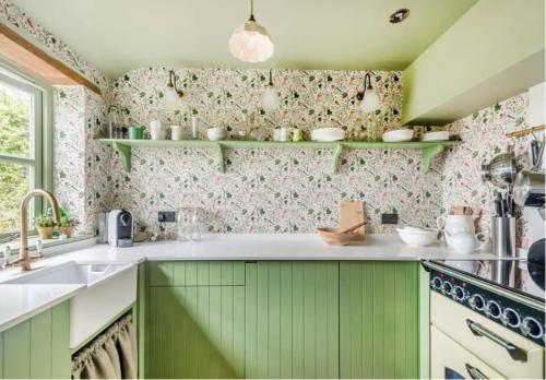 a kitchen with green cabinets and green shelves at Little Cottage Shipton in Shipton under Wychwood