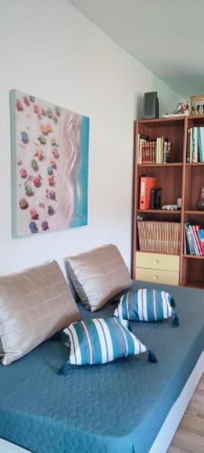 a bed with two pillows and a book shelf at Cosy Garden Studio in Messini