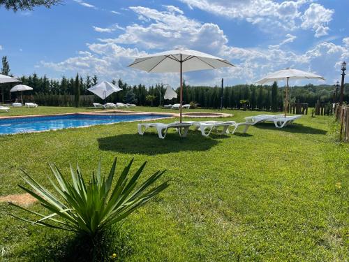 布爾戈德奧斯馬－休達德奧斯馬的住宿－El BURGO DE OSMA ALOJAMIENTO RURAL VILLA BAGH，一组桌子和遮阳伞,位于游泳池旁