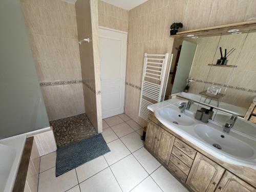La salle de bains est pourvue d'un lavabo, d'une douche et d'une baignoire. dans l'établissement Charmante dépendance au centre historique à Agde, à Agde