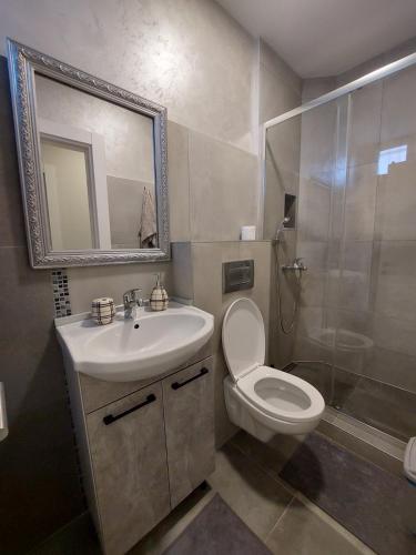 Un baño con inodoro, lavabo y ducha. en D&N Apartman, en Ledine