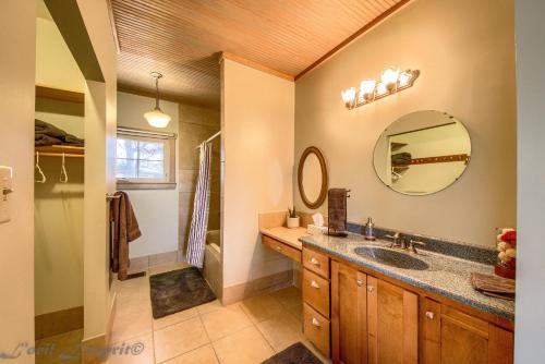 een badkamer met een wastafel en een spiegel bij Pecan Farm Haus in Fredericksburg