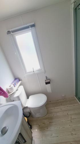 a bathroom with a toilet and a sink and a window at Mobilhome Domaine des pins à Marennes plage in Marennes