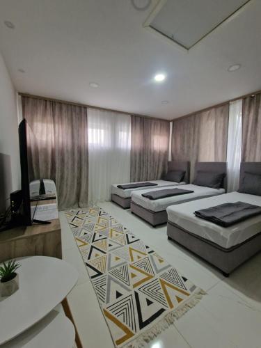 Un dormitorio con dos camas y un televisor. en Apartments Natural and Bungalows 2, en Sarajevo