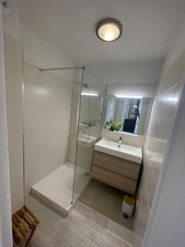 a bathroom with a shower and a sink and a mirror at T2 soleil et mer in Bandol