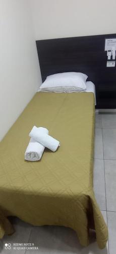 a green bed with two white towels on it at Hotel Don Enrique in El Soberbio
