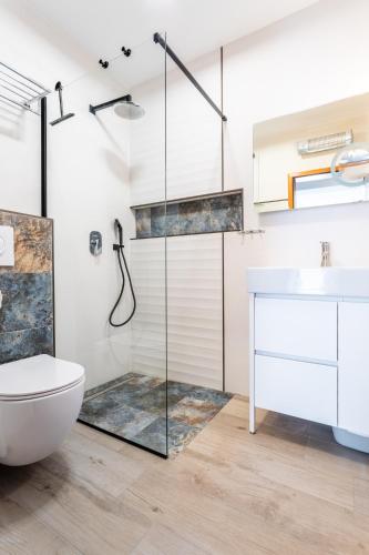 a bathroom with a shower and a toilet and a sink at Kalina Deluxe Apartments in Jelsa