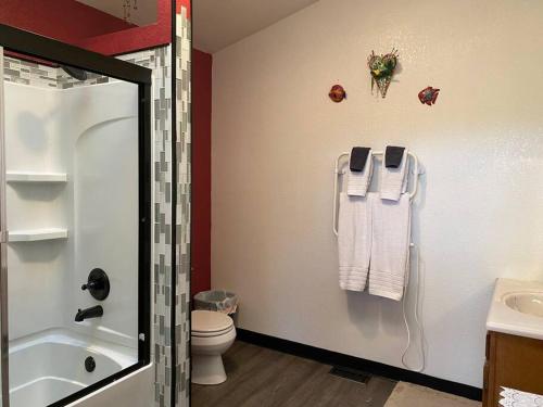 a bathroom with a shower and a toilet and a sink at Alaska's Point of View Full Suite in Seward