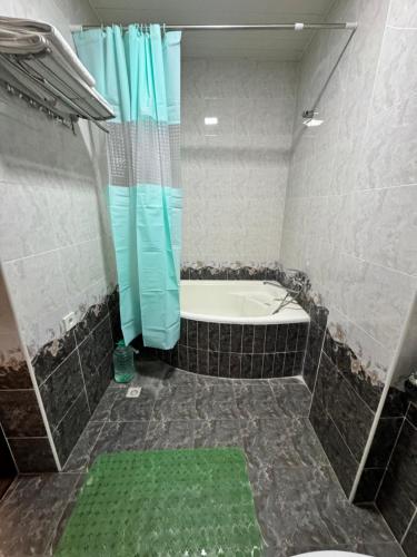 W łazience znajduje się wanna i zielony dywan. w obiekcie Rudaki Hotel in Panjakent w mieście Panjakent