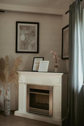 a fireplace in a living room with a white mantle at Ferienwohnung „Göttschied“ in Idar-Oberstein