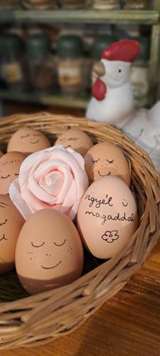 a basket full of eggs with handwriting on them at Lassu Tanya Vendégház in Nagykőrös