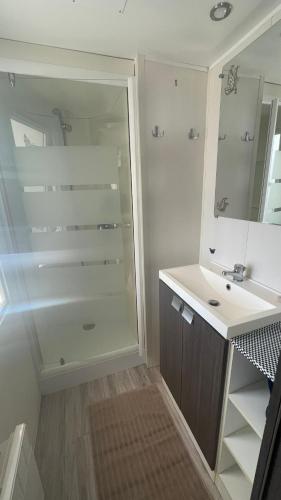 une salle de bain avec douche et lavabo dans l'établissement Mobil-home SUNSEA Camping DEL MAR, à Argelès-sur-Mer