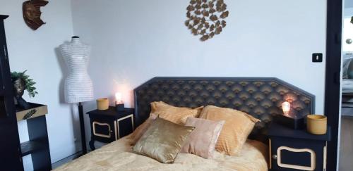 Chambre dorée في Pleurtuit: غرفة نوم عليها سرير ومخدات