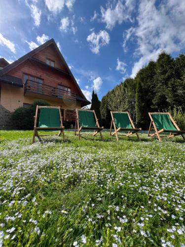 three chairs sitting in the grass in front of a house at POD ROŻKAMI in Cisna