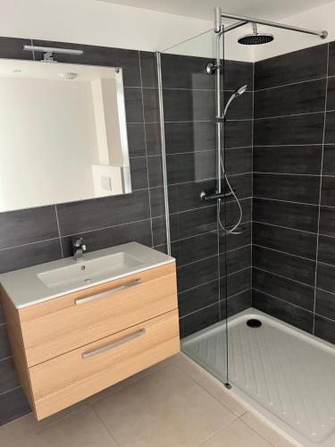 une salle de bain avec une douche, un lavabo et un miroir dans l'établissement T2 CALVI, à Calvi