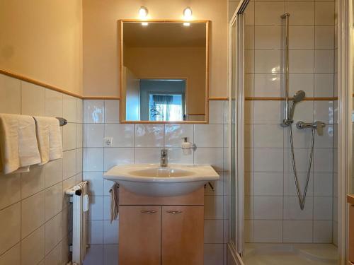 a bathroom with a sink and a shower with a mirror at Ferienwohnung Rheinblick in Kehl am Rhein