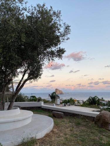 a park with a tree and the ocean in the background at Villa Katy in Panarea