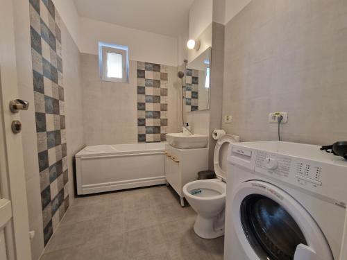La salle de bains est pourvue d'un lave-linge et de toilettes. dans l'établissement Arena Studio, à Piteşti