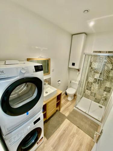 une machine à laver dans une salle de bain avec toilettes dans l'établissement Appart Moderne coeur de ville, à Toulon