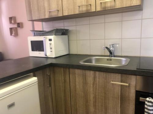 a kitchen with a sink and a microwave on a counter at Mooie bungalow in de prachtige natuur in Hastière-par-delà