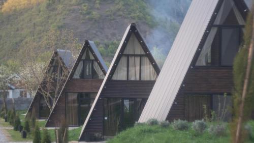 a wooden house with a mountain in the background at Landhaus Borjomi in Borjomi