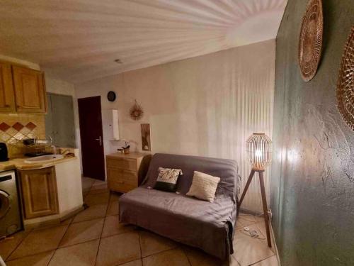 un salon avec un canapé et une cuisine dans l'établissement Le Studio Cosy *Place du village, aux Salles-sur-Verdon