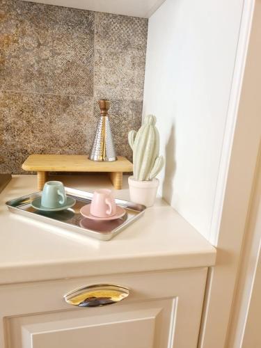 a kitchen counter with two cups and a cactus at Azzurra Home in Terrasini