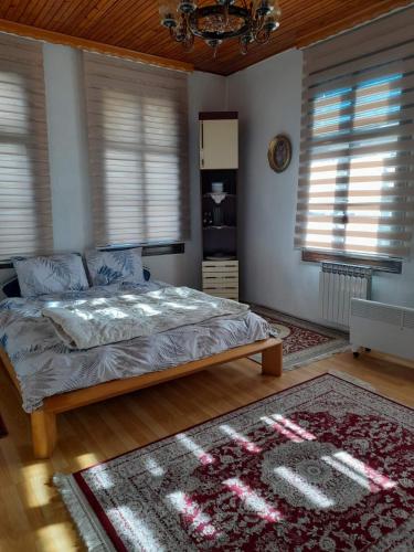 a bedroom with a bed and a rug and two windows at Apartman in Sarajevo