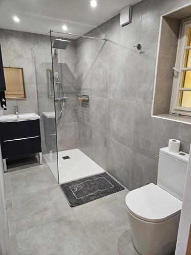 La salle de bains est pourvue d'une douche et de toilettes. dans l'établissement Maison au Paradou, à Paradou