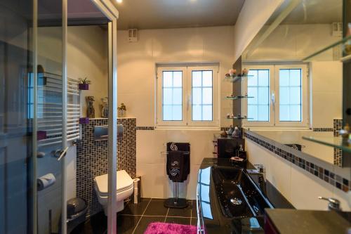 a bathroom with a sink and a toilet and a shower at CASA RIGOR in Rio Caldo
