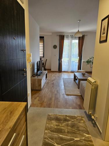 a living room with a couch and a television at Aurora lux in Belgrade