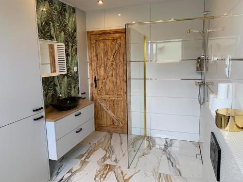 a bathroom with a shower and a glass door at Dark Horse Apartament in Chojnice