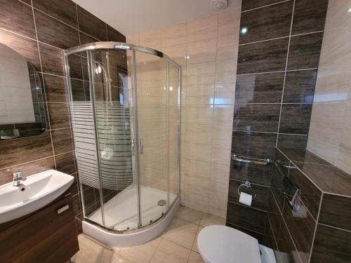 a bathroom with a shower and a toilet and a sink at Pensjonat Cyrkon - strażnik młodszego Paleozoiku in Iwaniska