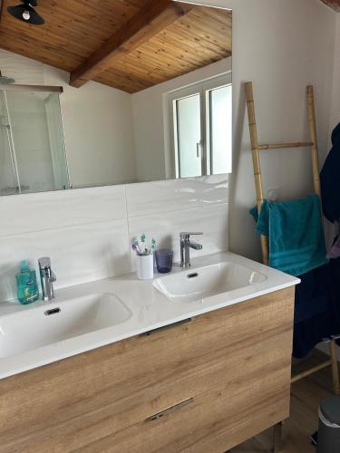 une salle de bain avec un lavabo blanc et un miroir dans l'établissement Maison proche de la mer, à Le Grand Vieil