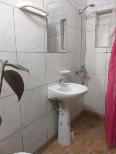 uma casa de banho com um lavatório e um espelho em El Mollecito Hostel em Humahuaca